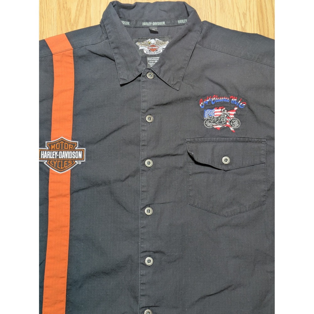 Harley-Davidson Mens Short Sleeve Button Up Racing Stripe Ripstop Black XL